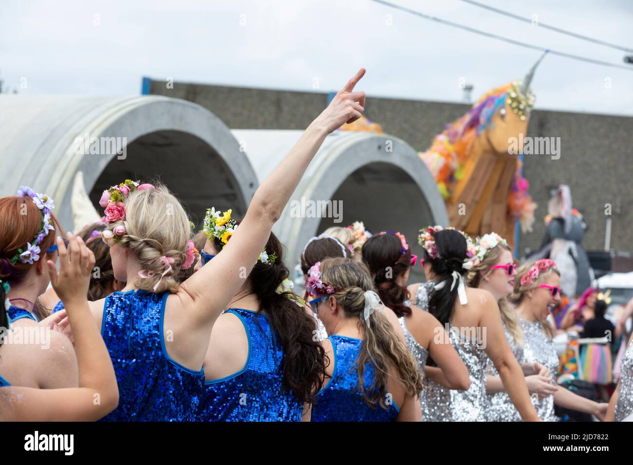 Seattle, Washington, USA. 18th June, 2022. Participants line up for the Fremont Solstice Parade. The iconic, annual parade returned after a three-year hiatus due to the coronavirus pandemic. Credit: Paul Christian Gordon/Alamy Live News Stock Photo