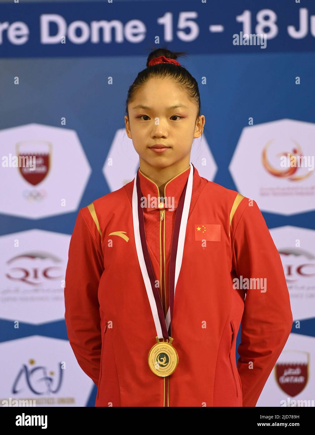 Doha. 18th June, 2022. Gold medalist Wu Ran of China reacts during the ...