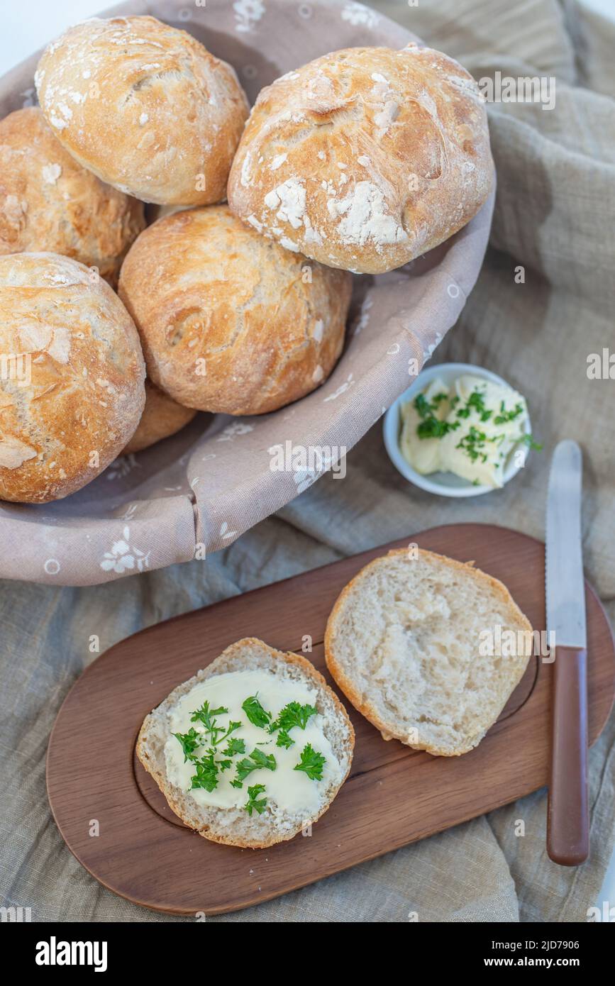Crusty round bread rolls Stock Photo