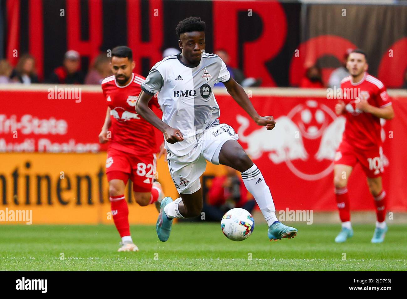 HARRISON, NJ - JUNE 18: Toronto FC forward Deandre Kerr (29) controls the  ball during the first half of the Major League Soccer game between the New  York Red Bulls and Toronto