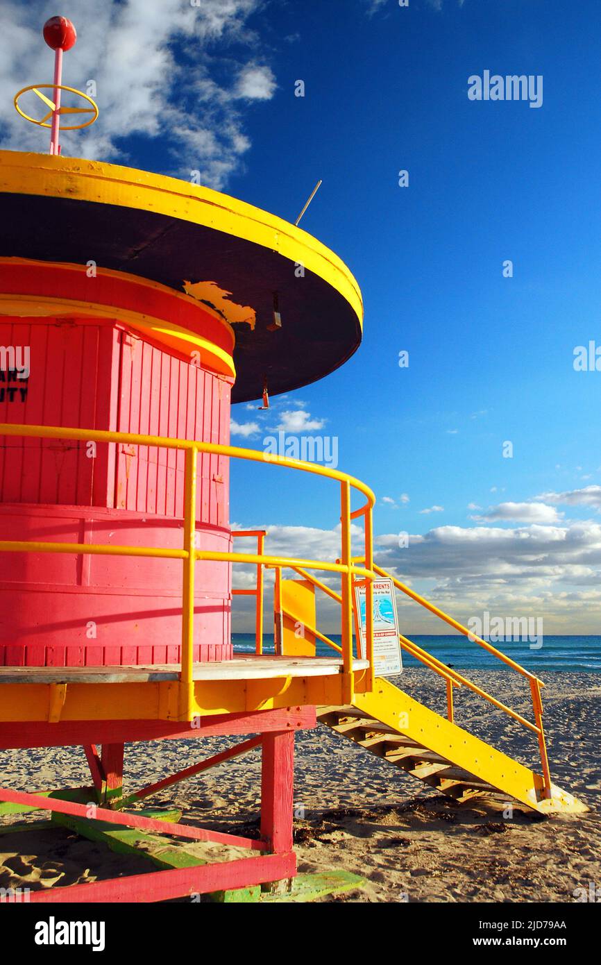 A funky, colorful lifeguard station stands ready on South Beach, Miami Beach, Florida Stock Photo