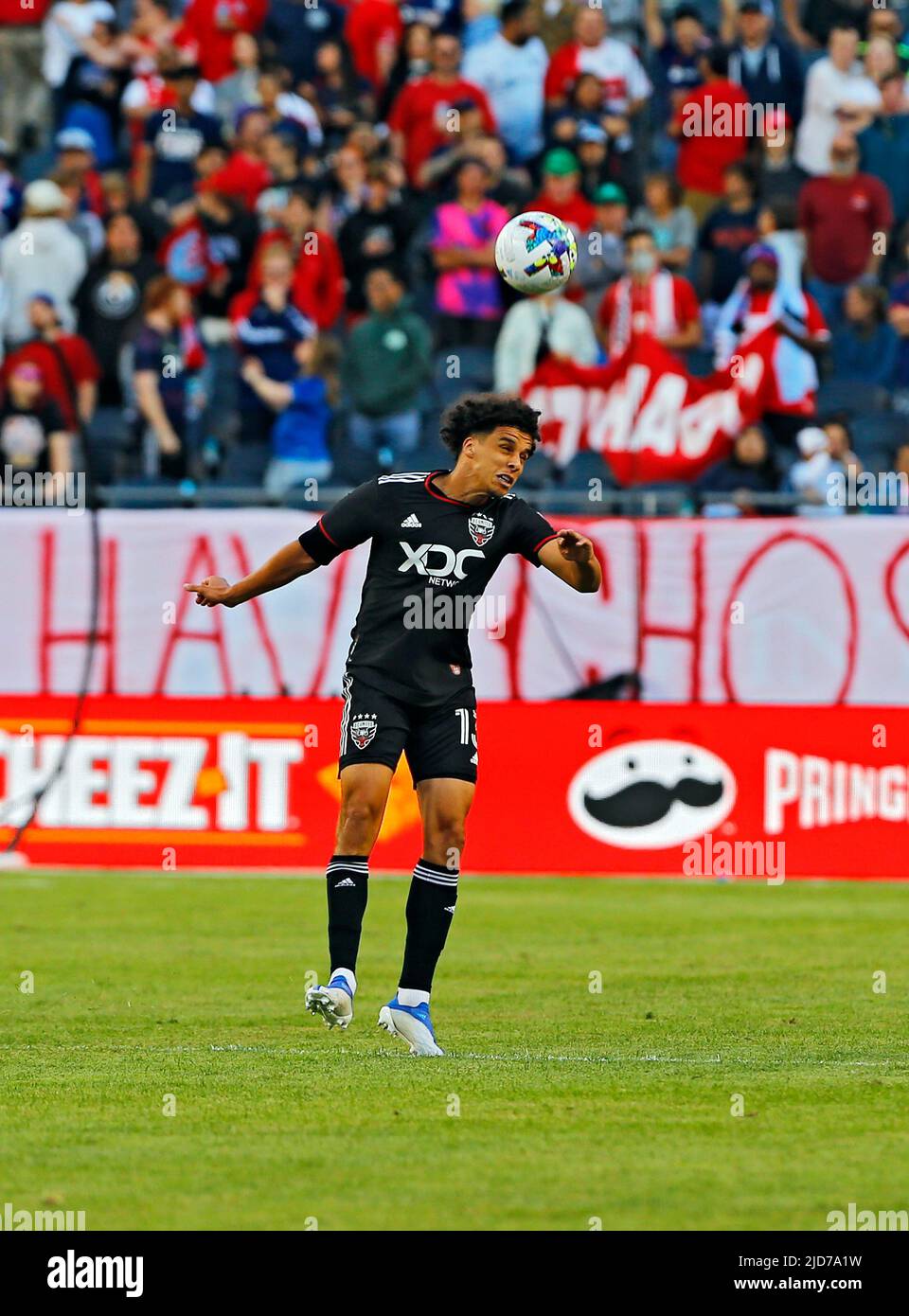 Chicago, USA, 18 June 2022.  MLS DC United's Sofiane Djeffal heads the ball during a match against the Chicago Fire FC at Soldier Field in Chicago, IL, USA. Credit: Tony Gadomski / All Sport Imaging / Alamy Live News Stock Photo