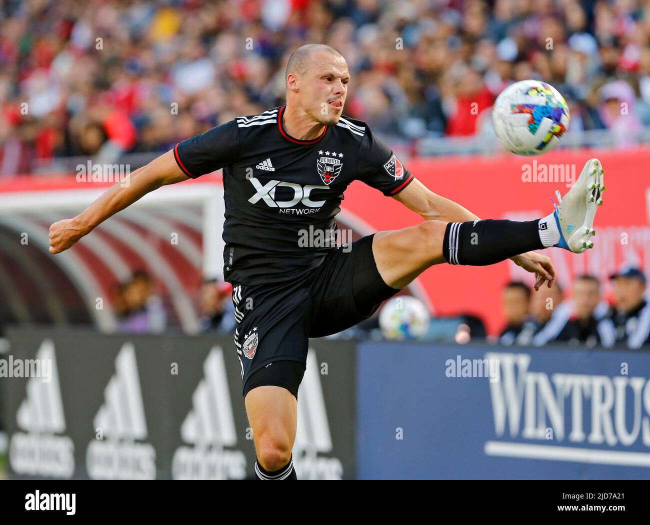 Chicago, USA, 18 June 2022.  MLS DC United's Chris Durkin handles the ball against the Chicago Fire FC during a match at Soldier Field in Chicago, IL, USA. Credit: Tony Gadomski / All Sport Imaging / Alamy Live News Stock Photo
