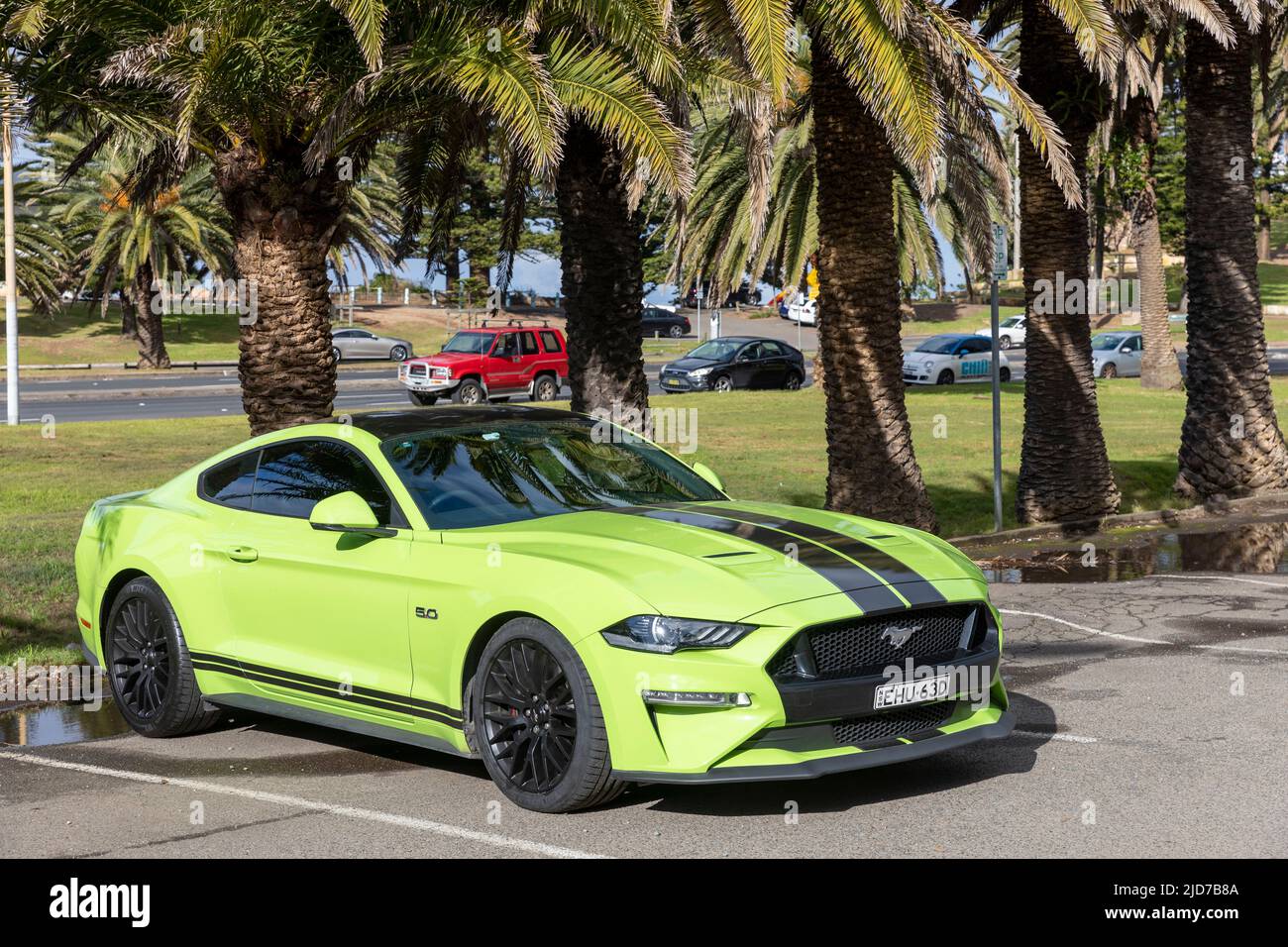 2020 Ford Mustang car in green with black stripes on bonnet parked in Sydney,NSW,Australia Stock Photo