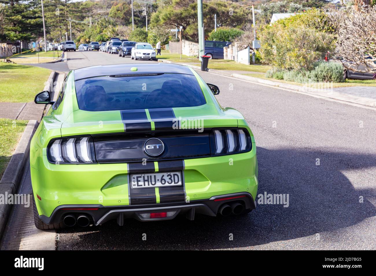 2020 model Ford Mustang 5.0 GT coupe car in lime green parked in a Sydney street ,NSW,Australia Stock Photo
