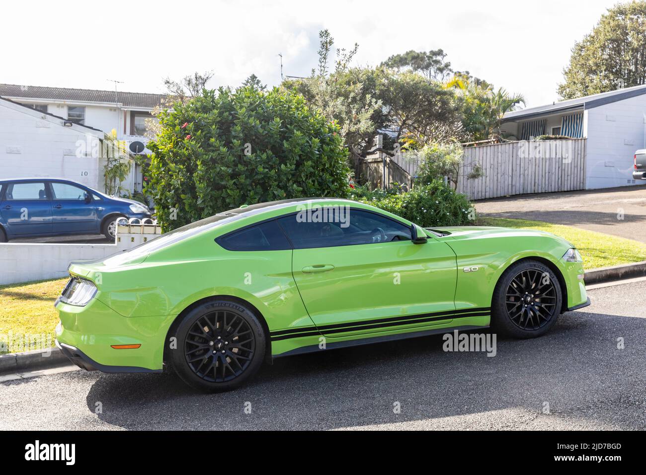 Green 2020 Ford Mustang Coupe parked in a Sydney street in 2022, Sydney,NSW,Australia Stock Photo