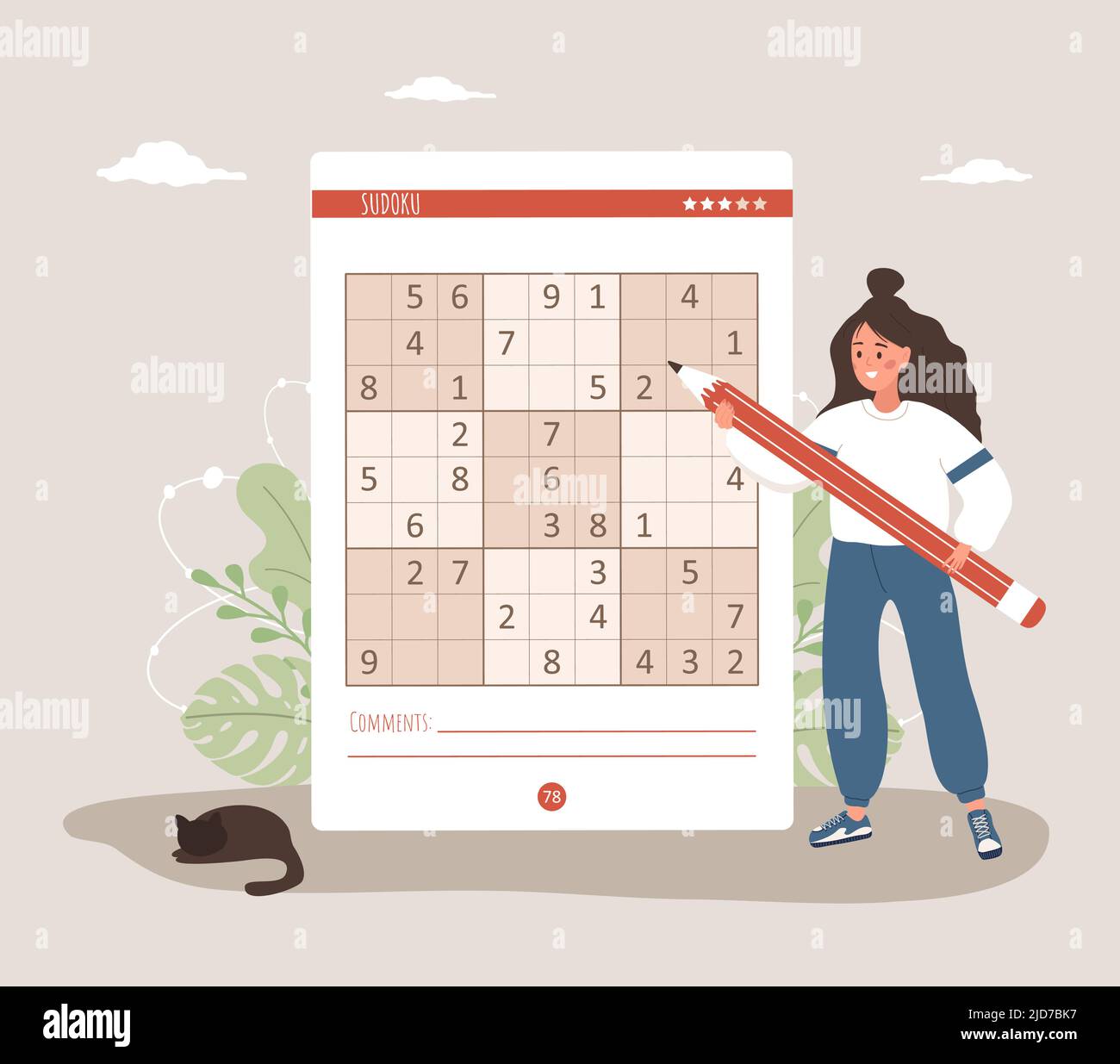 Sudoku game. Woman with giant pencil solves crossword puzzle. Learning and leisure concept. Task for development of logical thinking and training Stock Vector