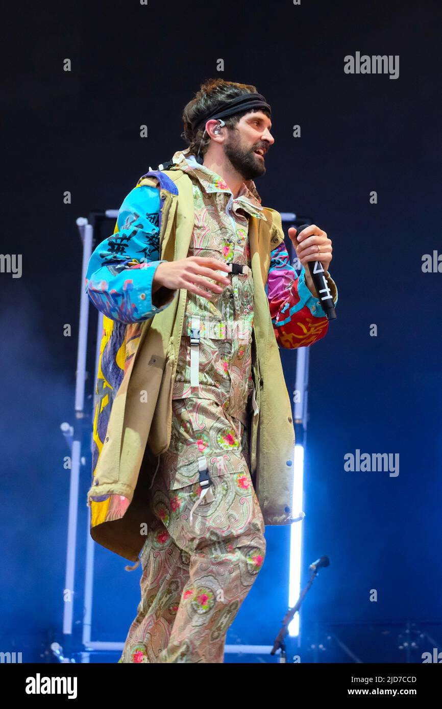 Newport, UK. 18th June, 2022. British singer songwriter and guitarist Sergio Pizzorno, front man British indie rock band Kasabian, winners of the 2010 and 2014 Q Awards 'Best Act in the World Today' performing live on stage at the Isle of Wight Festival, Seaclose Park. Credit: SOPA Images Limited/Alamy Live News Stock Photo