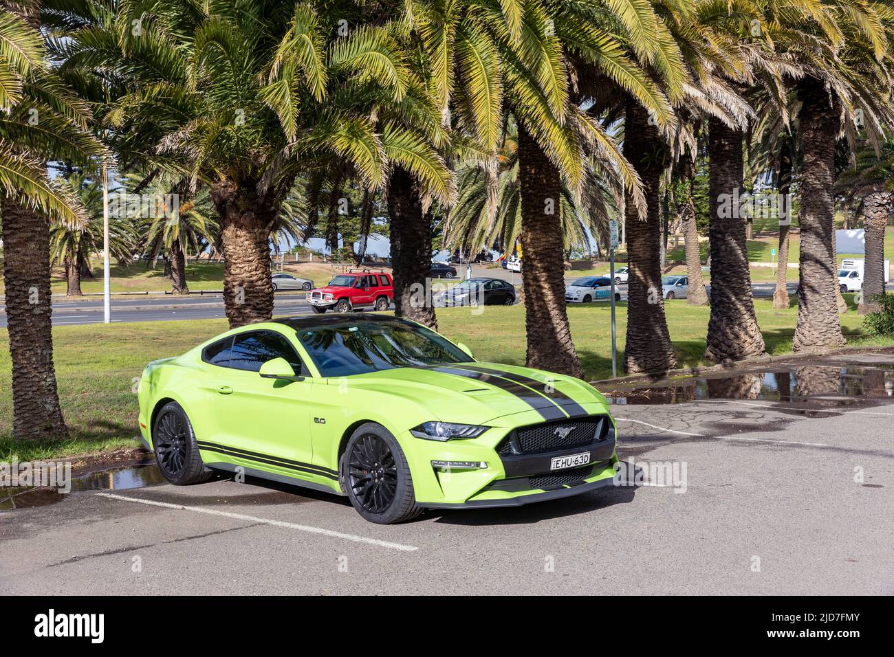 2020 model Ford Mustang car in lime green with black bonnet stripes, Sydney,NSW,Australia Stock Photo