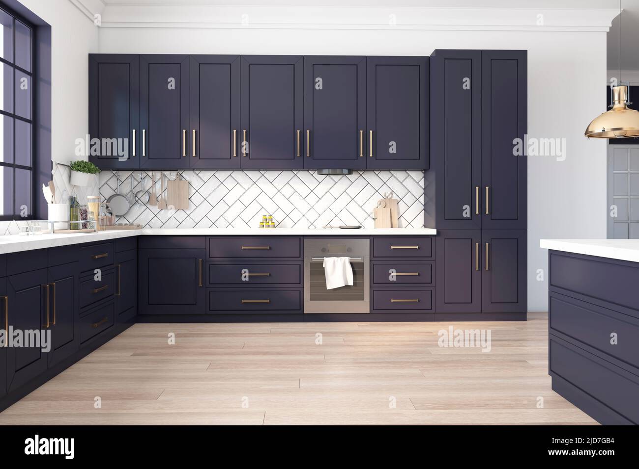 Front view on modern dark blue kitchen set in sunny home kitchen room