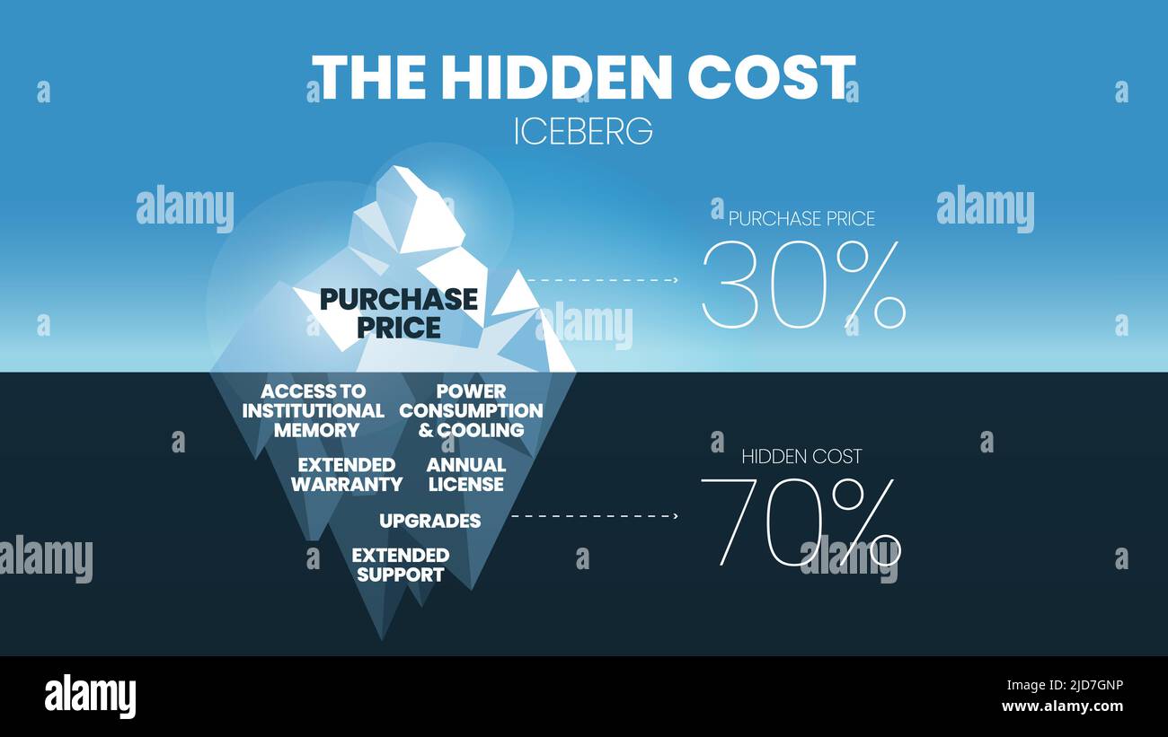 The hidden cost iceberg of the 30 percent of the purchase price is underwater such as annual license fees, upgrading, service support, consumption, an Stock Vector