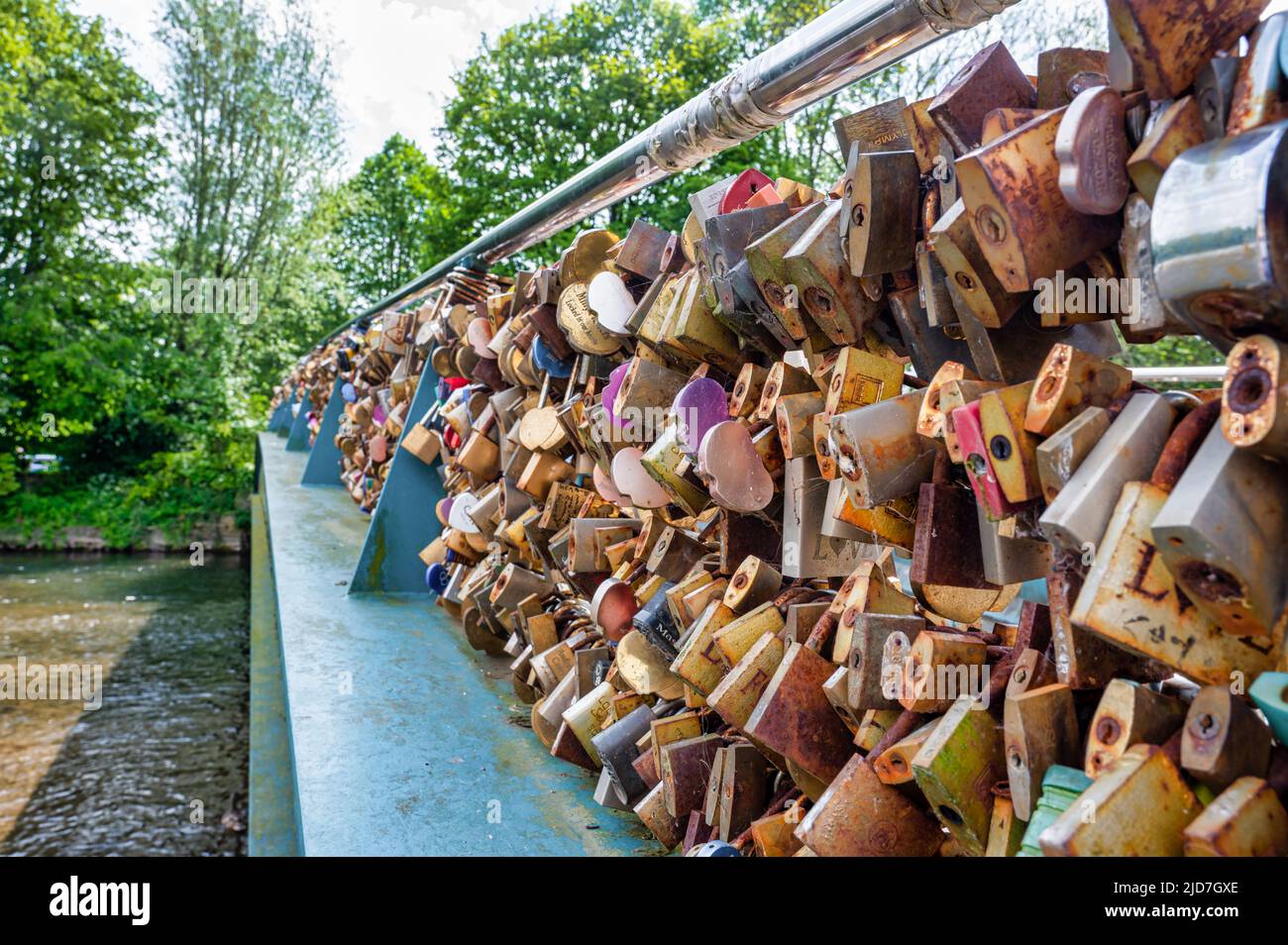 Bakewell, UK- May 15, 2022: The thousands of padlocks on the Bakewell Love Locks Bridge. Stock Photo
