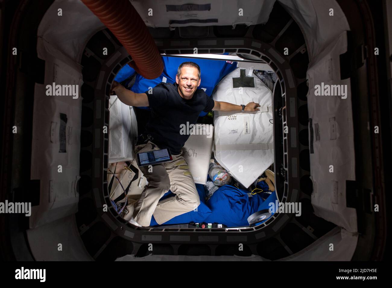 Earth Atmosphere. 9th June, 2022. NASA astronaut and Expedition 67 Flight Engineer Bob Hines is pictured during cargo operations and inventory tasks inside the Cygnus space freighter from Northrop Grumman. Credit: NASA/ZUMA Press Wire Service/ZUMAPRESS.com/Alamy Live News Stock Photo