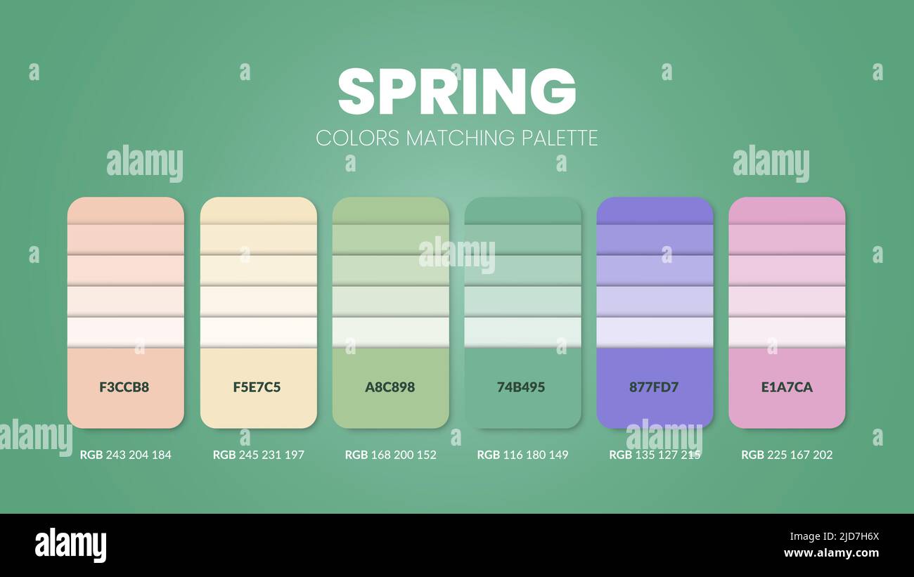 Spring color palettes or color schemes are trends combinations and palette guides this year, a table color shades in RGB or  HEX. A color swatch for a Stock Vector