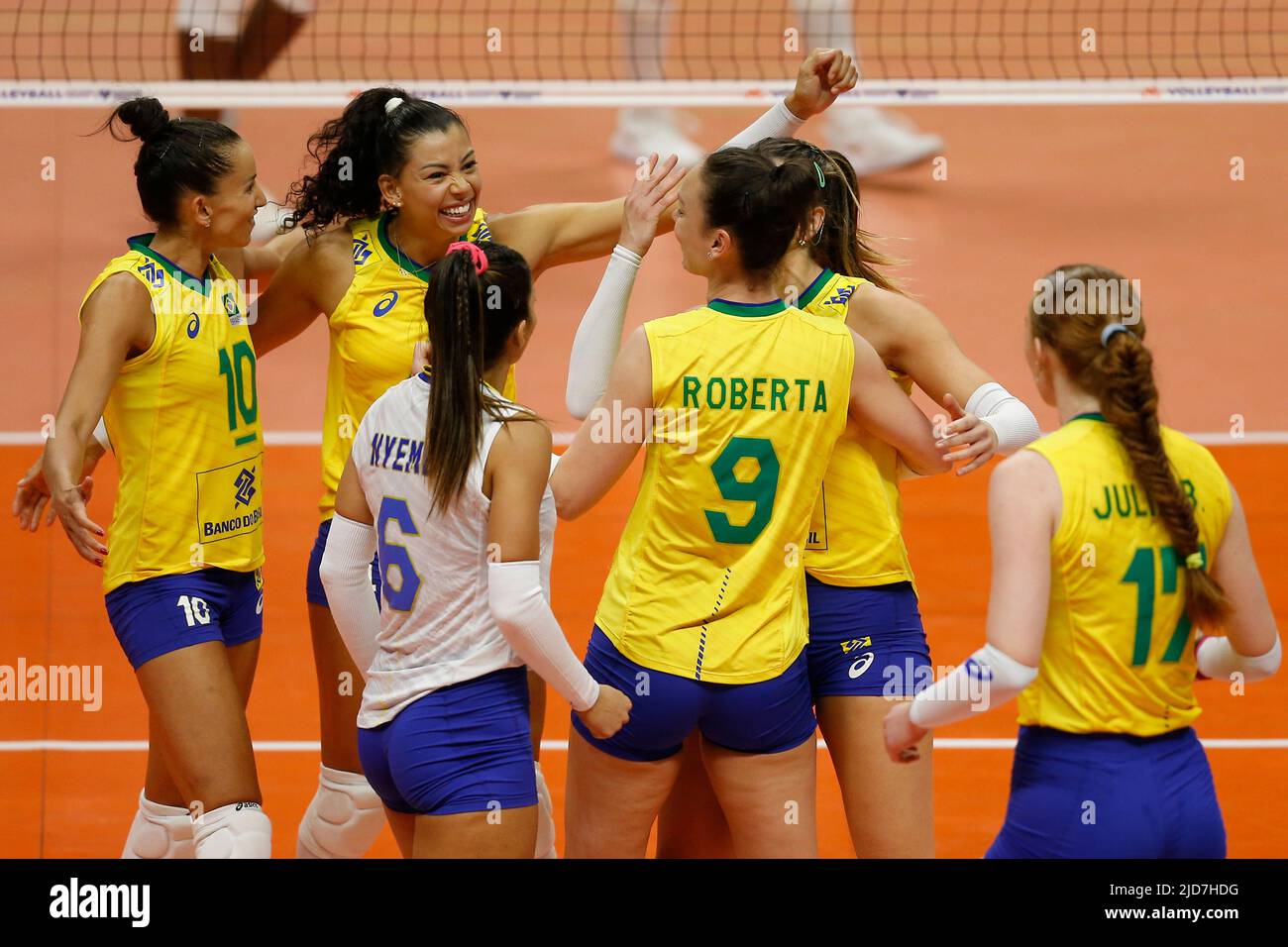 Brazilian volleyball players celebrate during hi-res stock photography and images