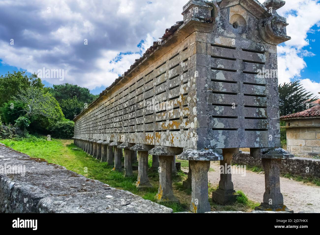 Giant horreo to keep the harvest in the field in Galicia. Stock Photo