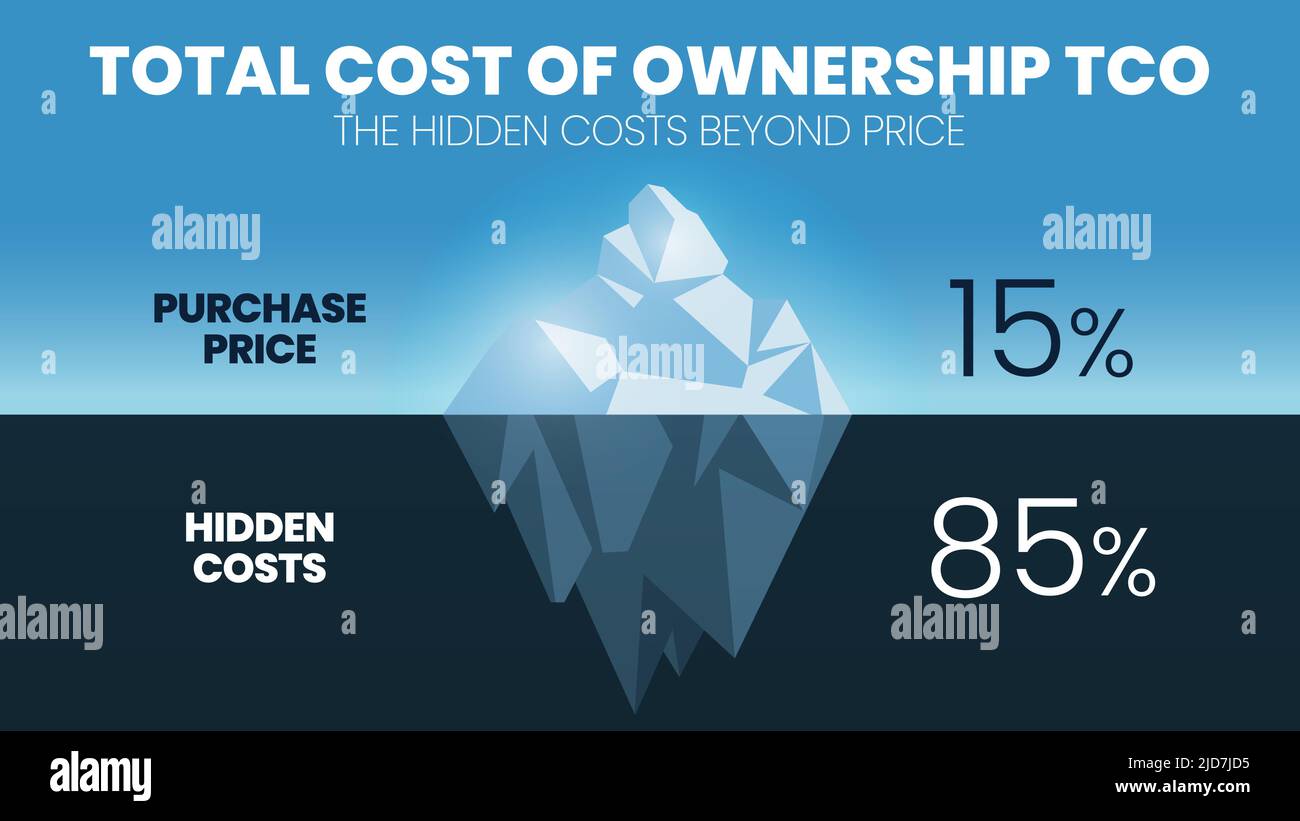The total cost of ownership (TCO) is an iceberg model concept for cost price and profit analysis. The purchase price of 15 percent above water or surf Stock Vector