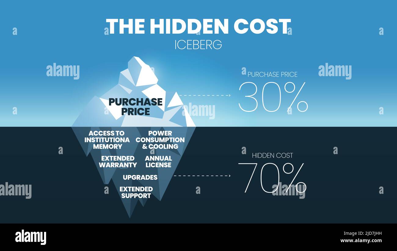 The hidden cost iceberg of the 30 percent of the purchase price is underwater such as annual license fees, upgrading, service support, consumption, an Stock Vector