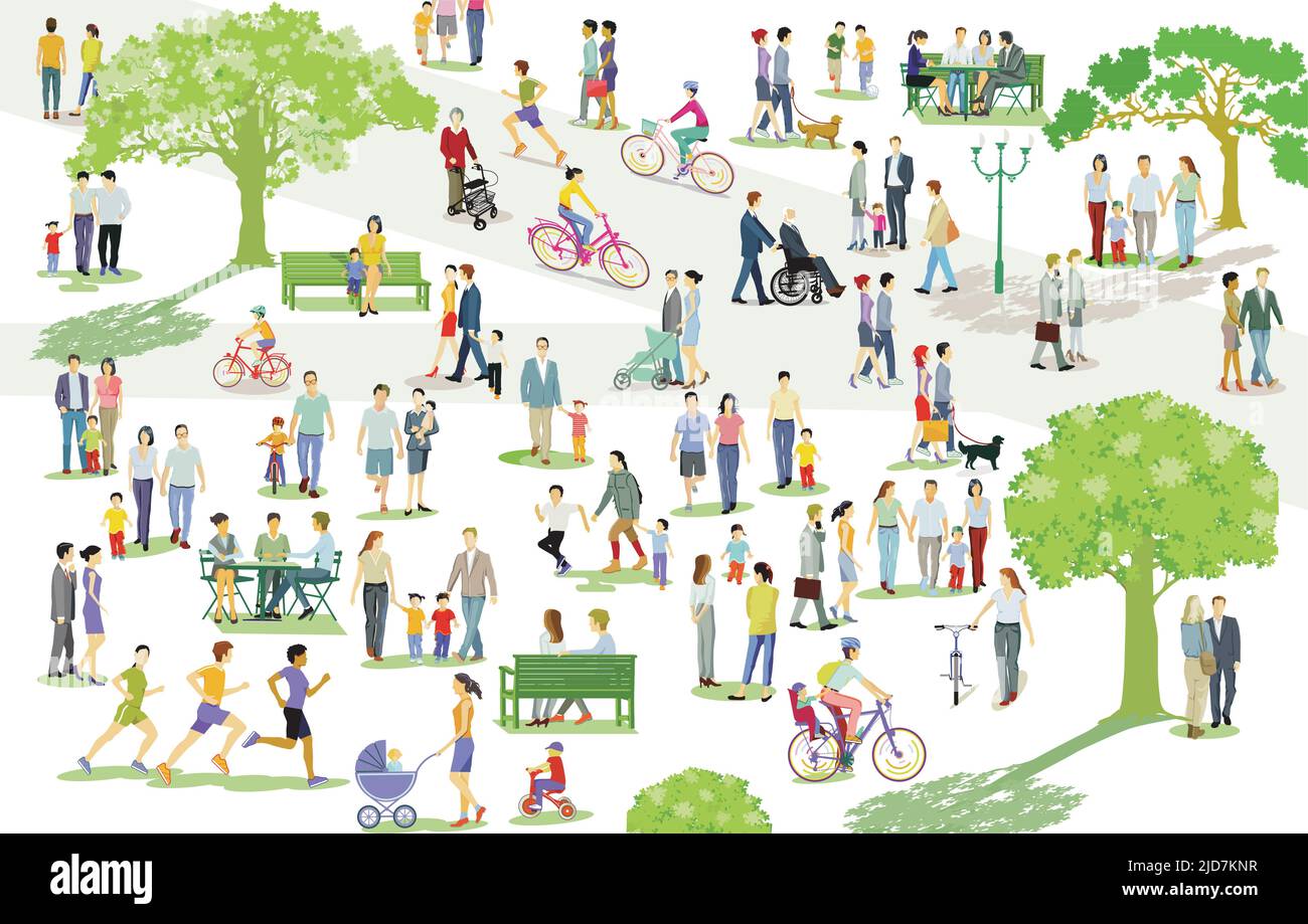 Families and other people have a rest in the park during free time, illustration Stock Vector