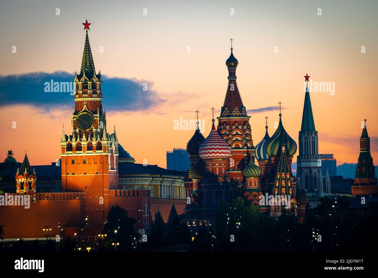The Moscow Kremlin and St. Basil's Cathedral on Red Square in Moscow, Russia. Landscape at sunset. High quality photo Stock Photo