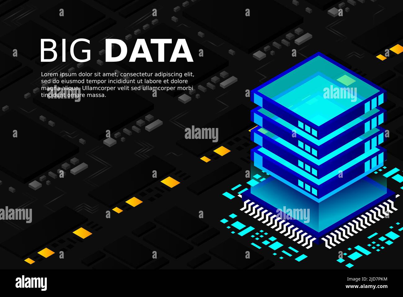 Artificial intelligence micro chip illustration. Quantum computing. PC mainboard illustration background. 3D isometric hardware Stock Vector