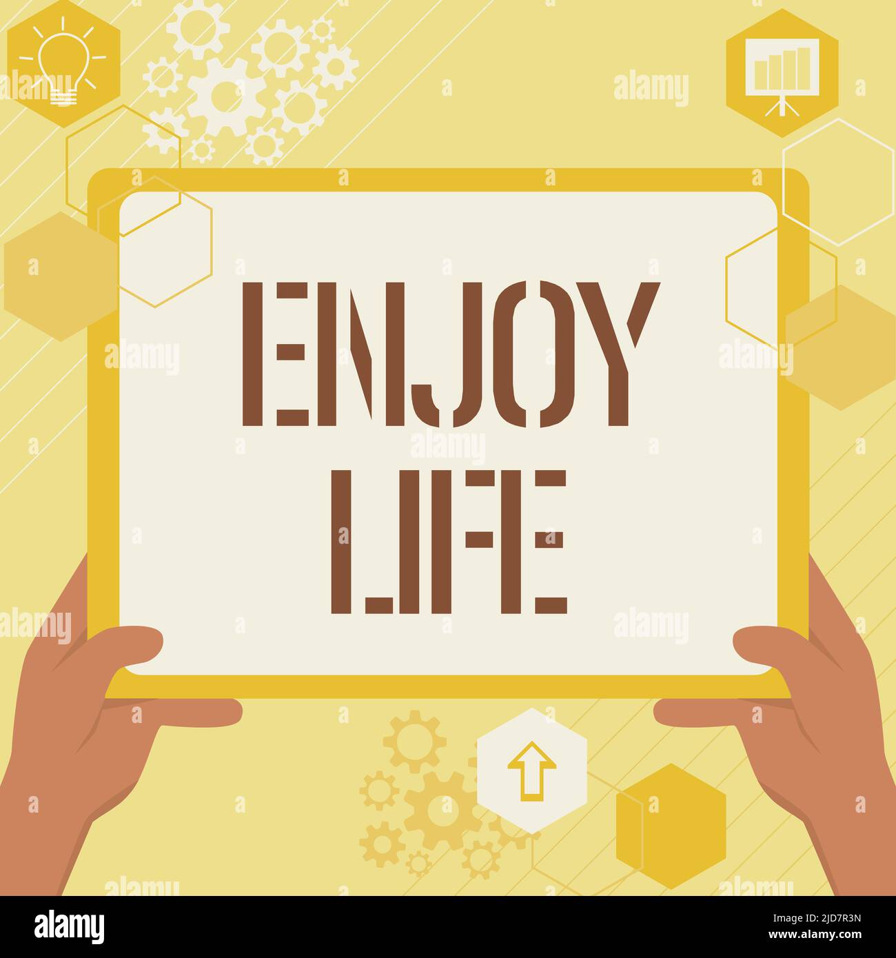 Text caption presenting Enjoy Life. Conceptual photo Any thing, place,food or person, that makes you relax and happy Hand Using Big Tablet Searching Stock Photo