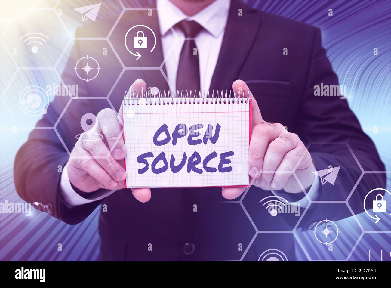 Text caption presenting Open Source. Word for denoting software which original source code freely available Businessman in suit holding notepad Stock Photo
