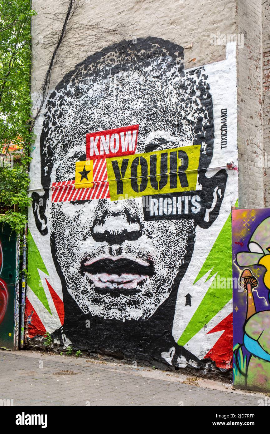 Know Your Rights. Large mural by Toxicómano Callejero in First Street Green Art Park in Lower East Side of Manhattan, New York City, United States. Stock Photo
