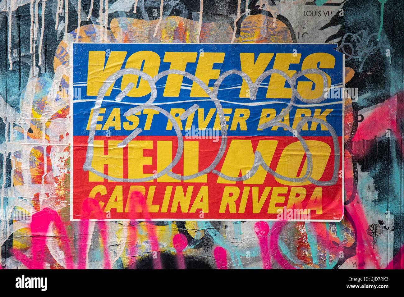 Vote Yes East River Park. Hell No Carlina Rivera. Political sticker in Alphabet City district of New York City, United States of America. Stock Photo