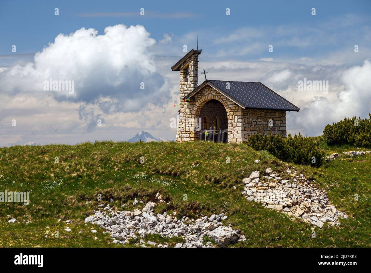 Stone chapel on Monte Altissimo di Nago mountain. Prealpi Gardesane Orientali. Trentino. Italy. Europe. Stock Photo