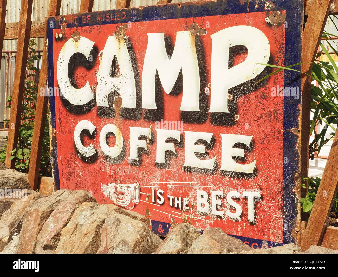 Vintage metal Camp Coffee advertising sign at Bitton Station on the Avon Valley heritage railway, June 2022. Stock Photo