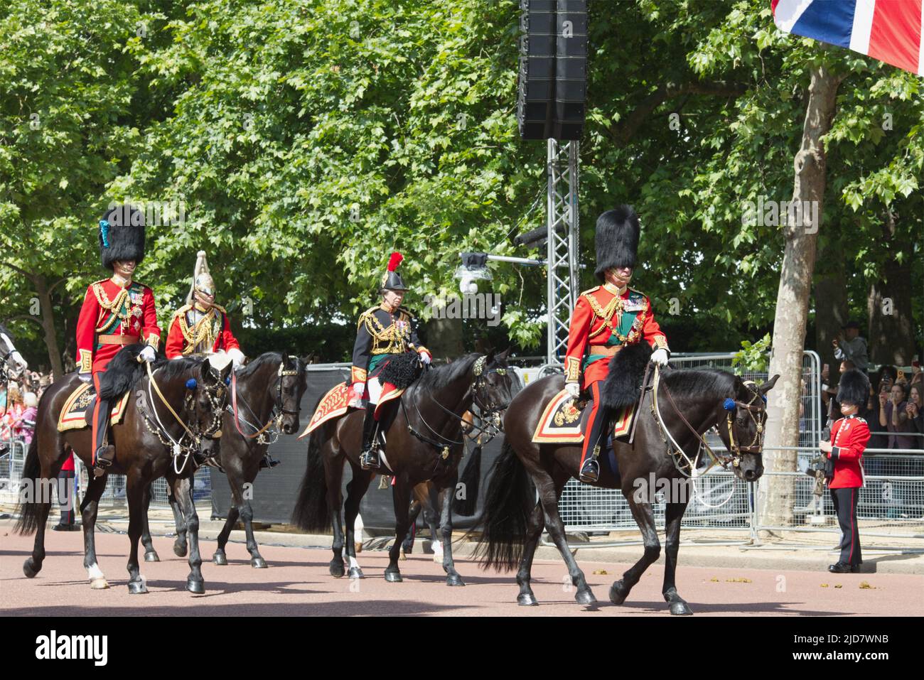 Charles Prince of Wales Anne Princess Royal and Prince William Duke of Cambridge on horseback, Trooping the colour 2022, Platinum Jubilee Stock Photo