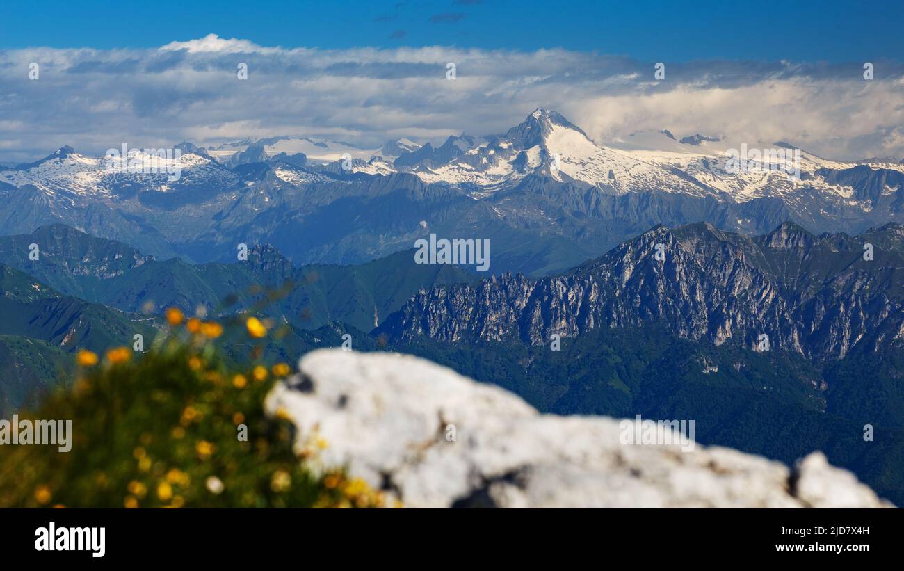 View on Adamello mountain group, Carè Alto peak, glaciers. Italian Alps. Europe. Stock Photo