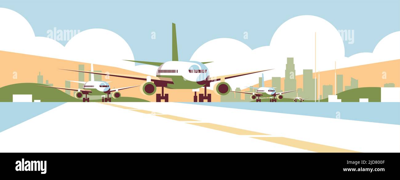 airport terminal with aircraft flying planes taking off international
