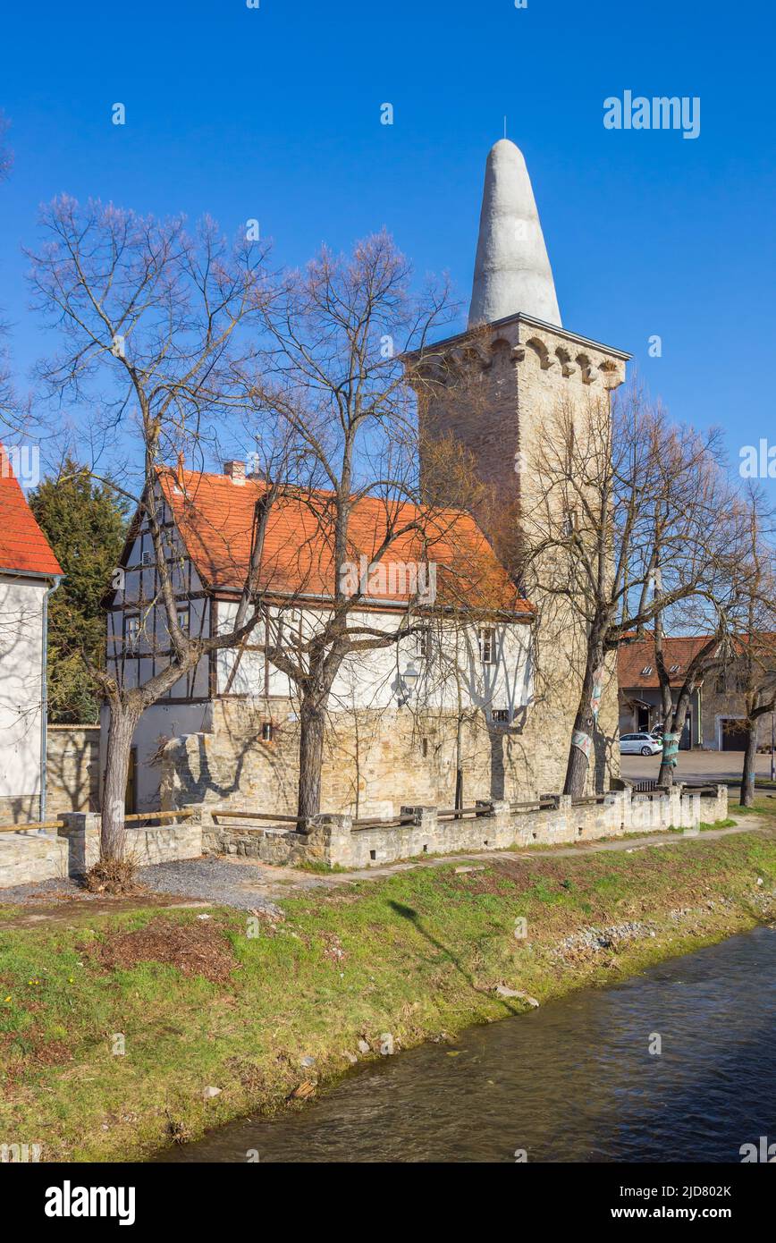 Historic tower Zuckerhut of the city wall in Hettstedt, Germany Stock ...
