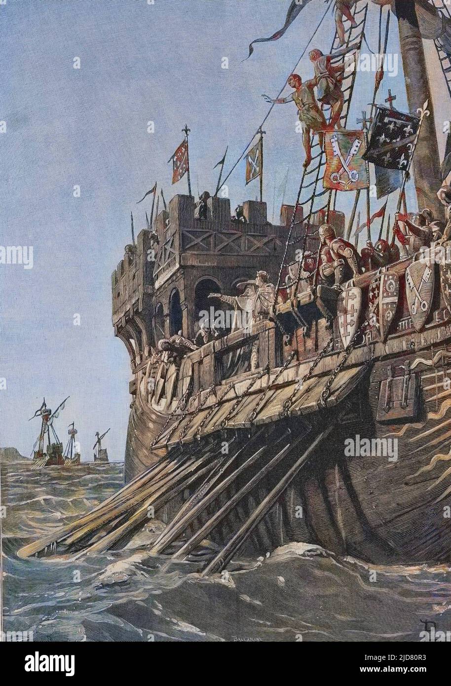 'Charles Ier de Sicile (Charles d'Anjou) (1227-1285) assiege la ville de Messine en Sicile en 1282' Il s'agit le la periode de repression violente et du massacre des Vepres Siciliennes. gravure Stock Photo