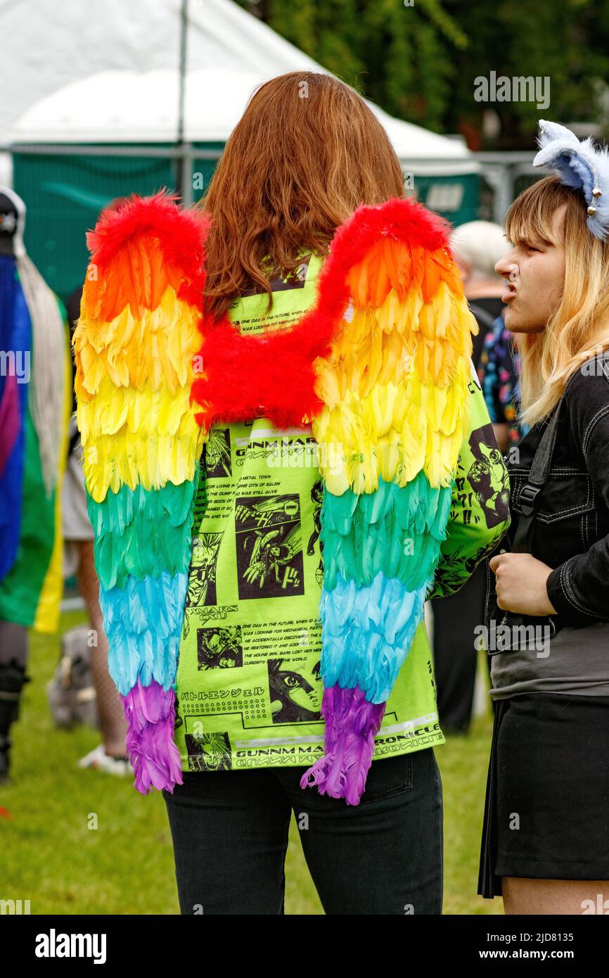 rainbow feather angel wings at Stoke Gay Pride event in Hanley Park