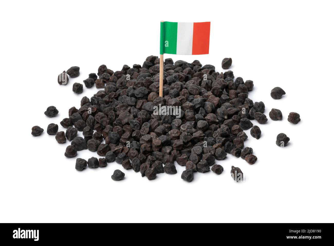 Heap of black chickpea Murgia, ceci nero, also known by the name of cece del solco dritto , with the italian flag in top isolated on white background Stock Photo