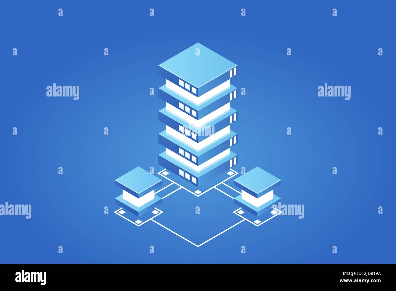 Transfer of user data to the server. Data flow. Data storage. Server. Digital space. Data center. Big Data. Conceptual illustration. Isometric vector Stock Vector