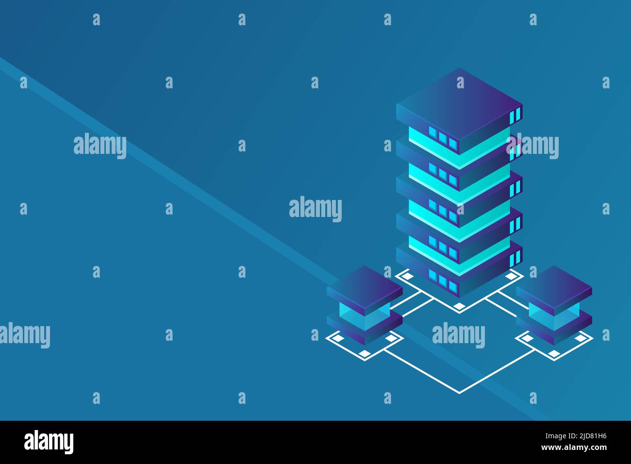 Transfer of user data to the server. Data flow. Data storage. Server. Digital space. Data center. Big Data. Conceptual illustration. Isometric vector Stock Vector