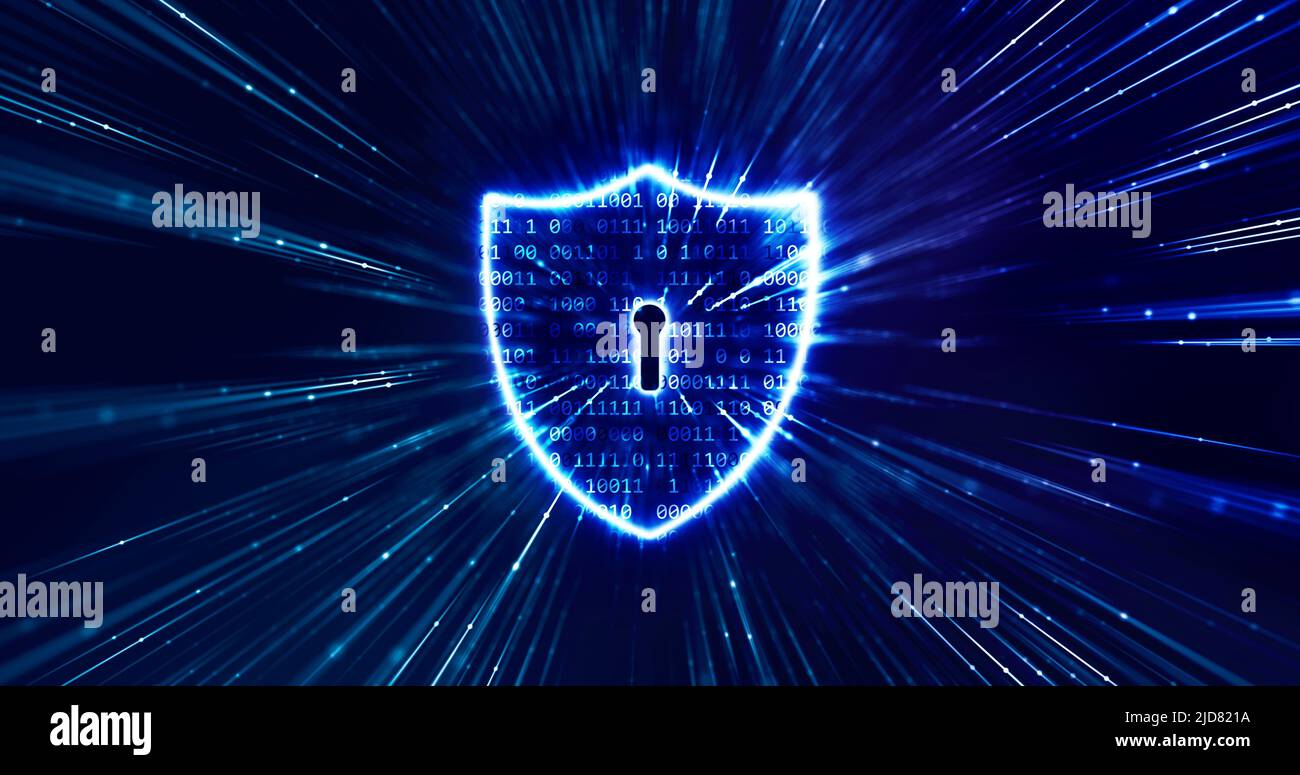 Data Protection And Cyber security Concept. Shield With Keyhole icon on digital data. Stock Photo