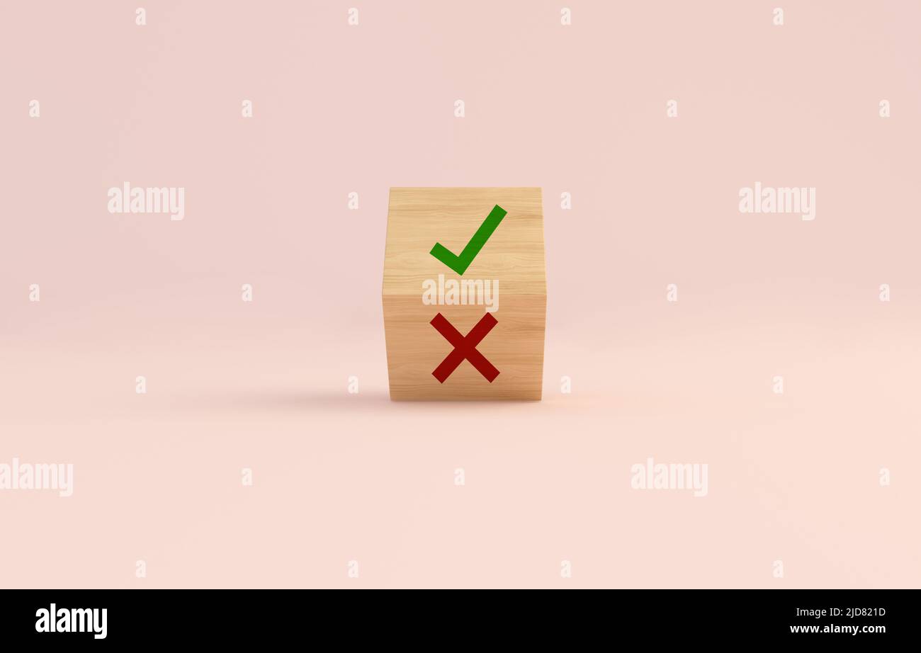 Green check mark OK and red X icons wooden block flip over. 3D rendering. Stock Photo