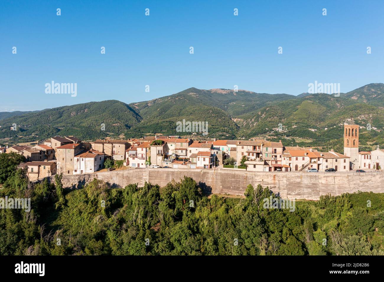 Breathtaking aerial view overlooking the town on top of the mountain ...