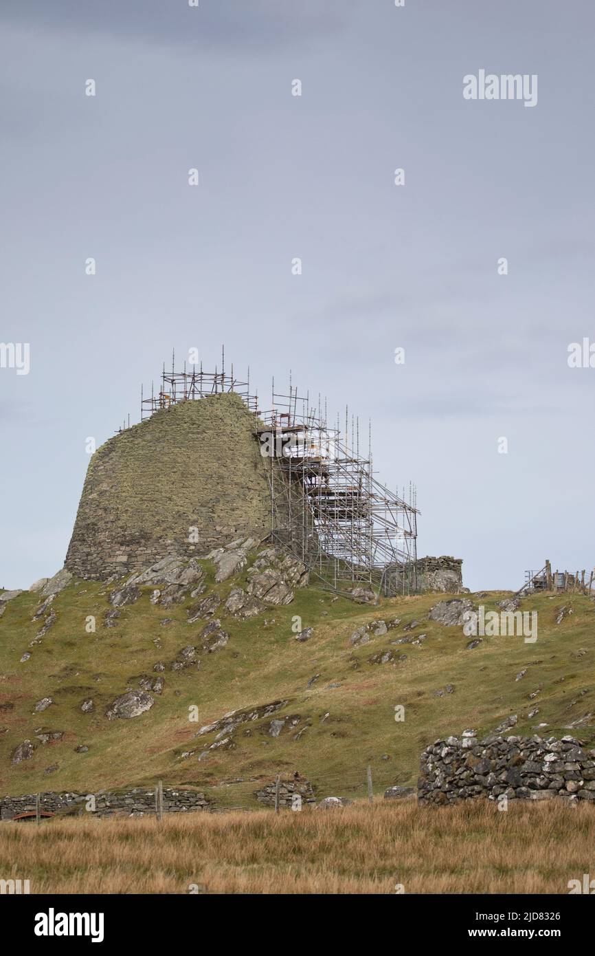 Iron Age Brock with scaffolding near Dun Carloway, Isle of Lewis, Outer Hebrides, Scotland, United Kingdom Stock Photo
