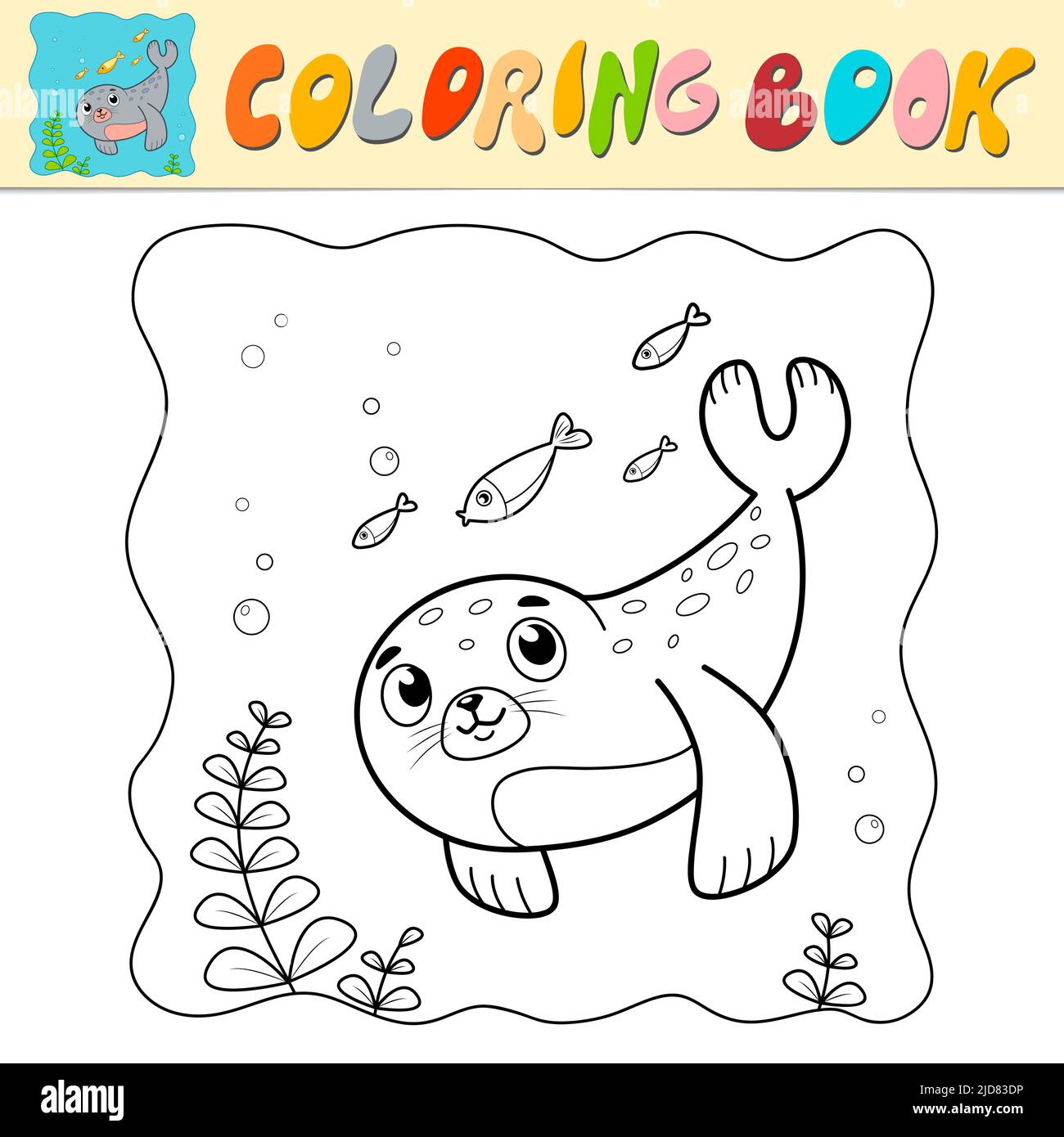 Coloring book or Coloring page for kids. Seal black and white vector ...