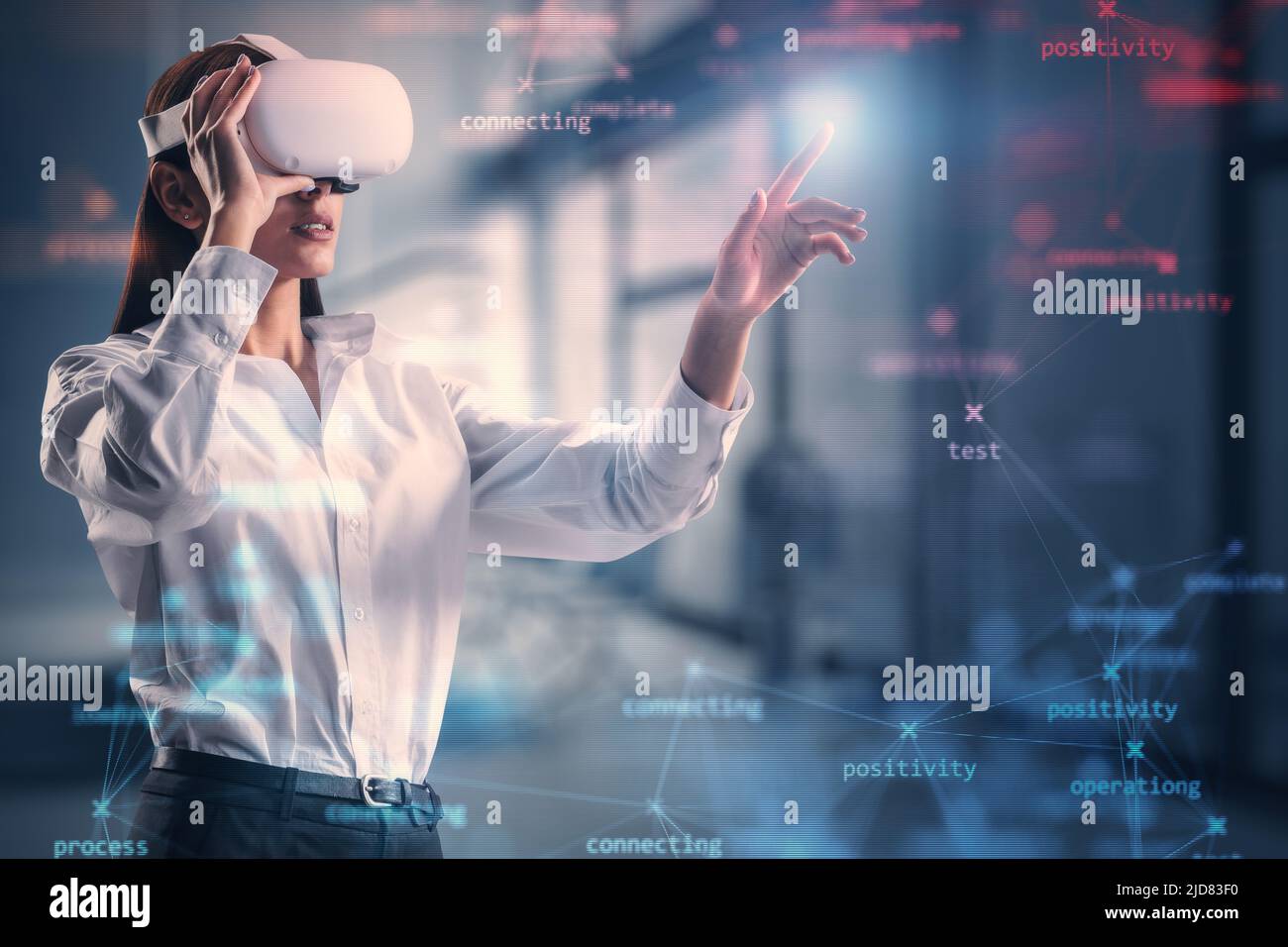 Virtual technology and metaverse concept with young woman in VR headset