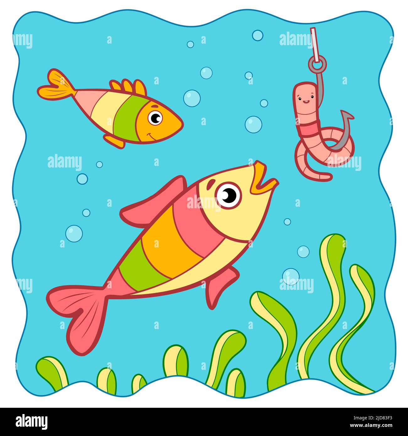Cartoon Fish and Worm Characters on a Fishing Hook Stock Vector -  Illustration of kids, funny: 197297328
