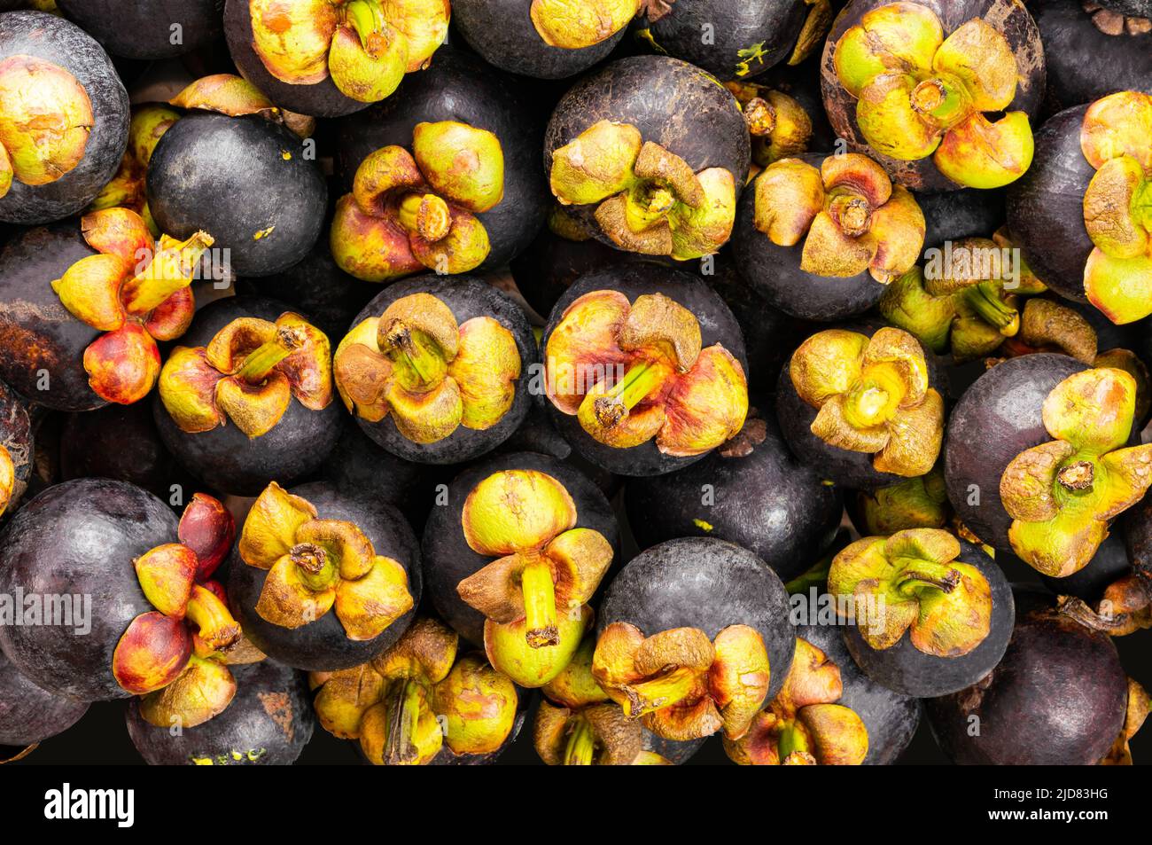 Top view closeup of fresh mangosteen background, queen of tropical fruit and delicious in Thailand. Stock Photo