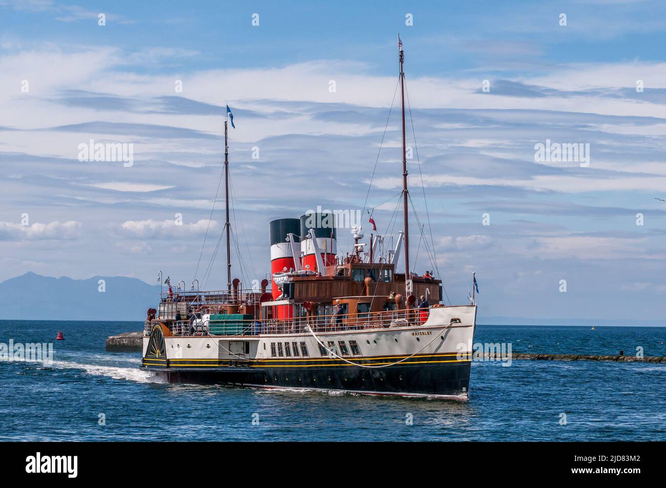 Last sea going Paddle Steamship Waverley approaching Port Ayr 15th June 2022 prior to it's 75th Anniversary cruise on the 17th June 2022 Stock Photo