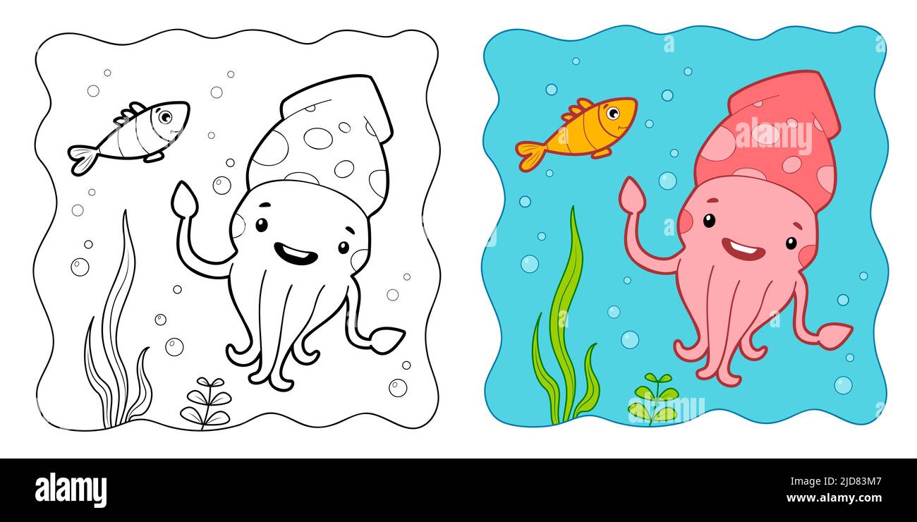 Marine background. Coloring book or Coloring page for kids. Squid ...